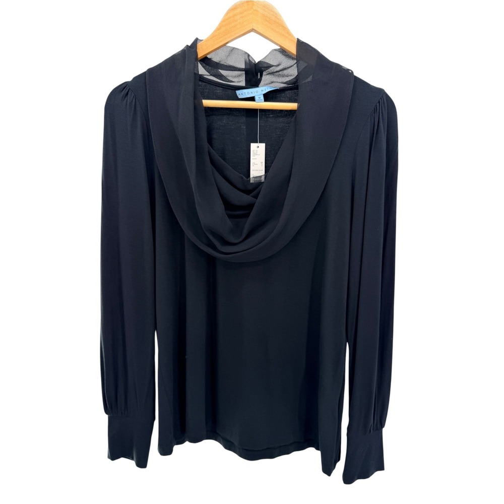 Antonio Melani Annabelle Black Cowl Neck Long Sleeve Silk Trim Top M NEW